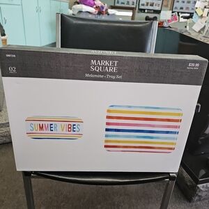 NIB Market Square Melamine Serving Tray Set "SUMMER VIBES" Colorful Stripes